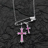 925 Silver Plated White Gold Rhinestone Pin Double Cross Pendant Necklace for Men and Women, European and American Style, Unique Design, High-End Look