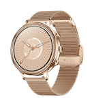 Rose gold smart watch with a rhinestone-studded bezel, a textured rose gold dial, and a rose gold mesh metal band.