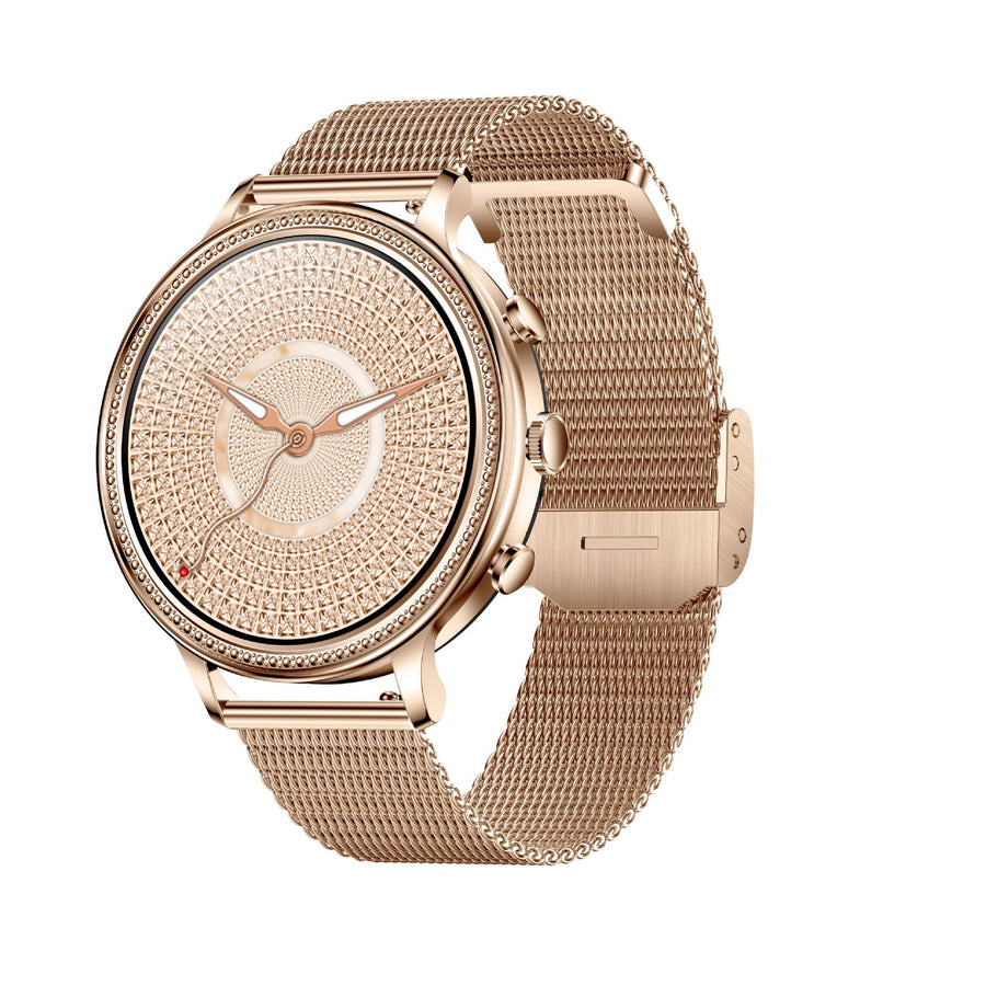 Rose gold smart watch with a rhinestone-studded bezel, a textured rose gold dial, and a rose gold mesh metal band.
