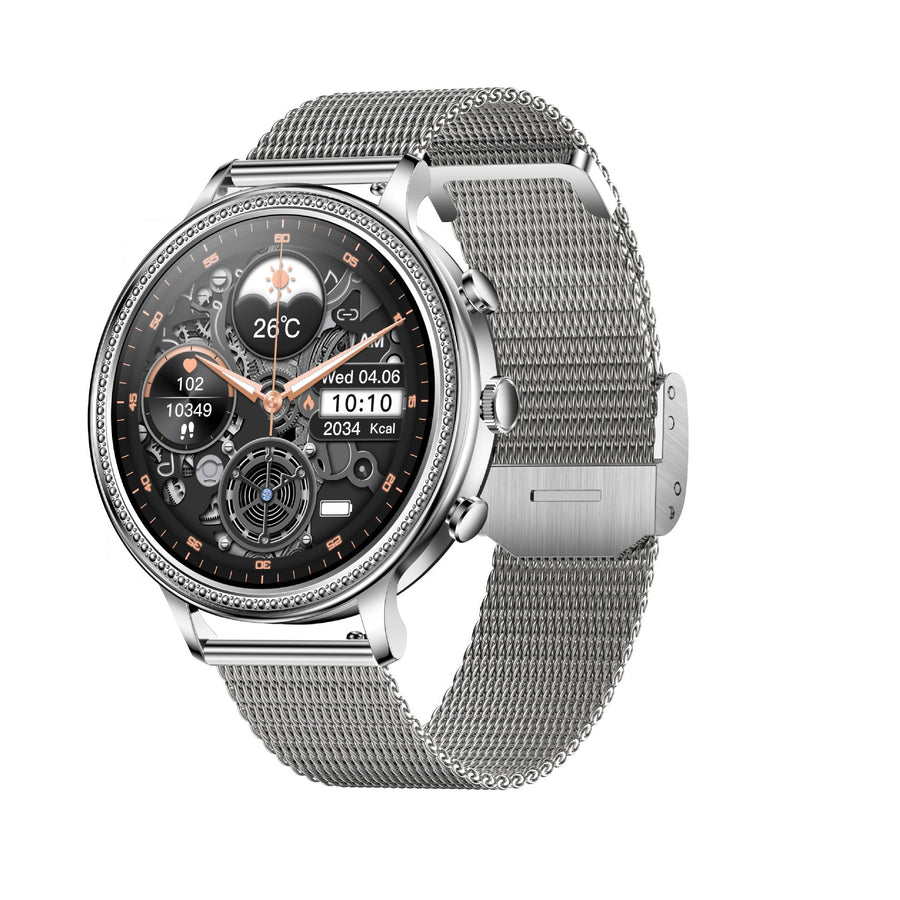 Rose gold smart watch with a rhinestone-studded bezel, a textured rose gold dial, and a rose gold mesh metal band.