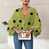 Polka Dot Half-Open Neck Loose Bubble Sleeve Long Sleeve Top
