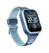 Blue and light blue camouflage children's smartwatch with a digital time display and SIM slot