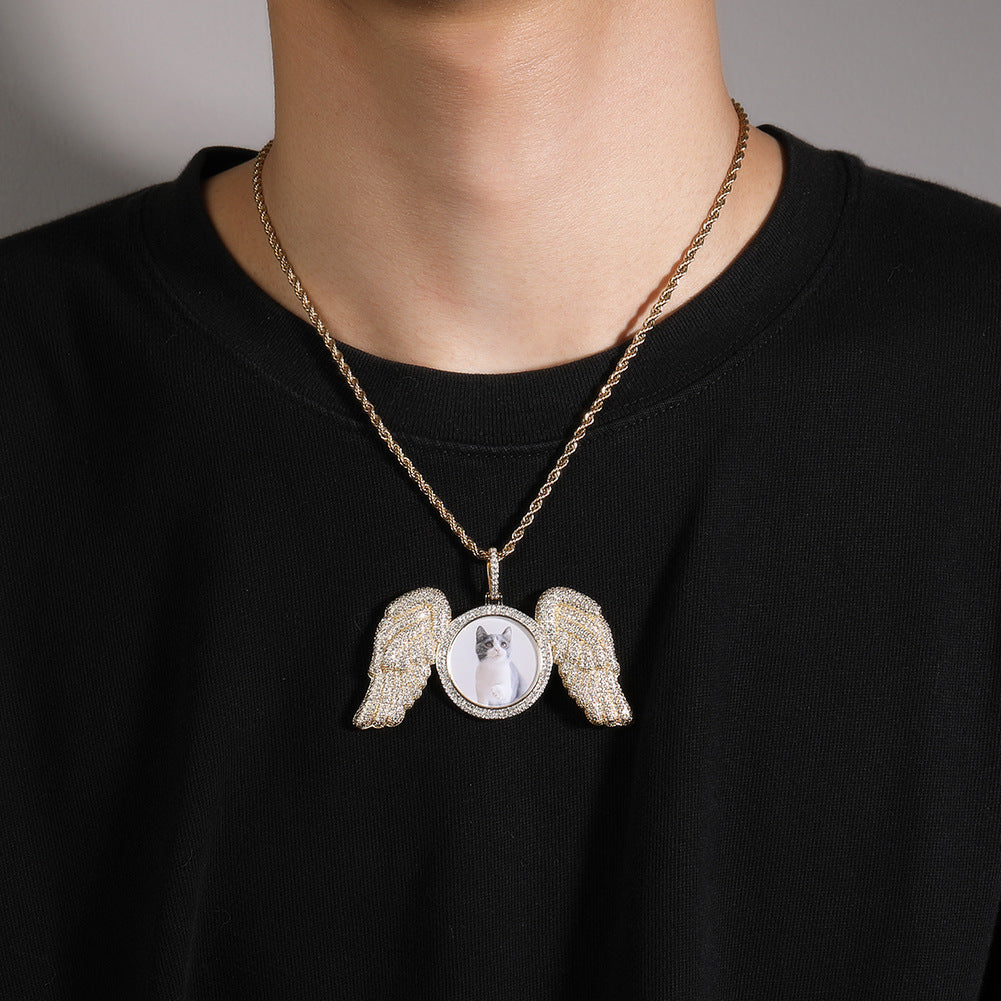 Custom DIY Photo Frame Pendant, Hip Hop Bling Rhinestone Round Wing Necklace