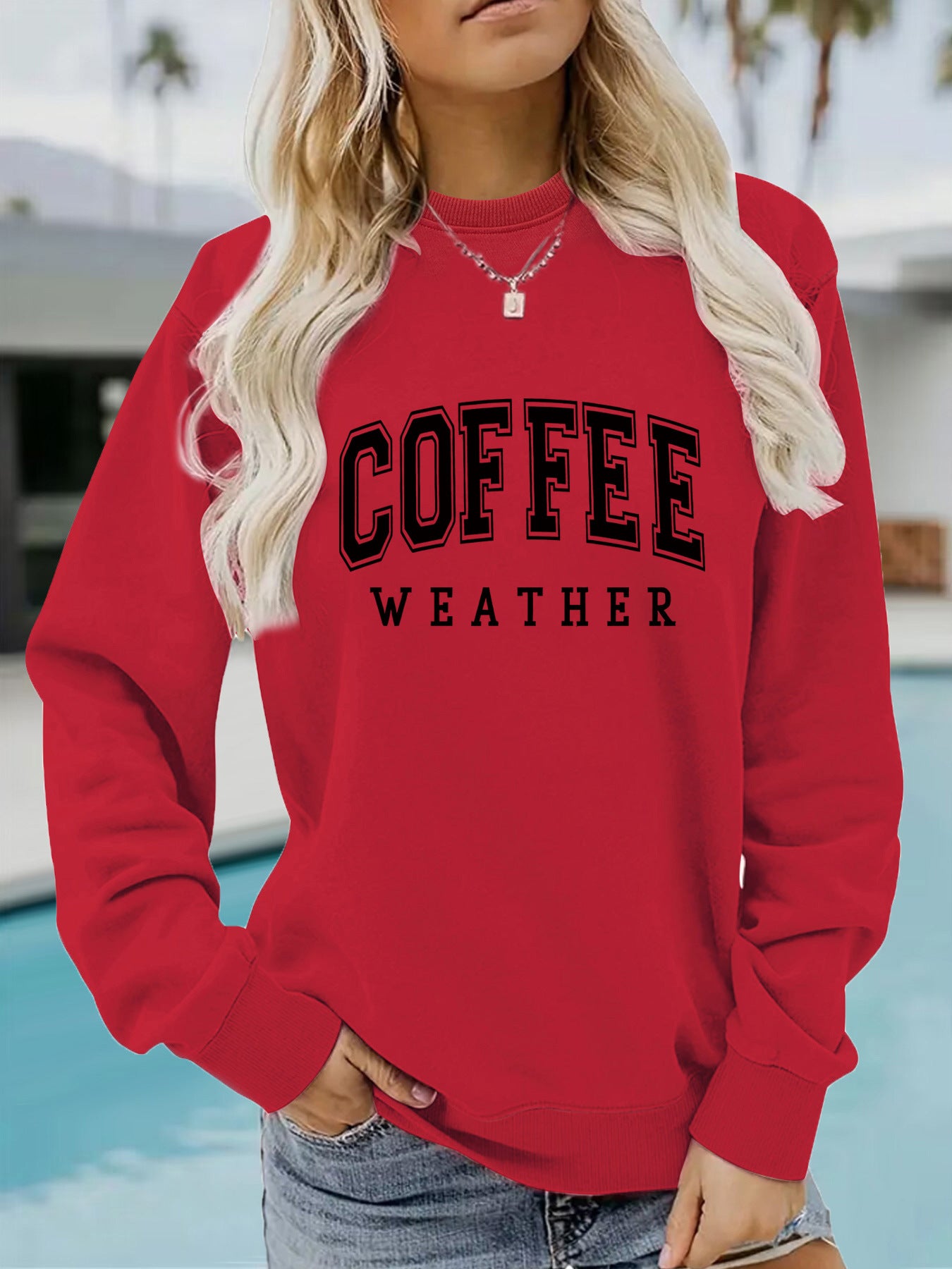 Round neck COFFEE printed pullover sweatshirt sweatshirt