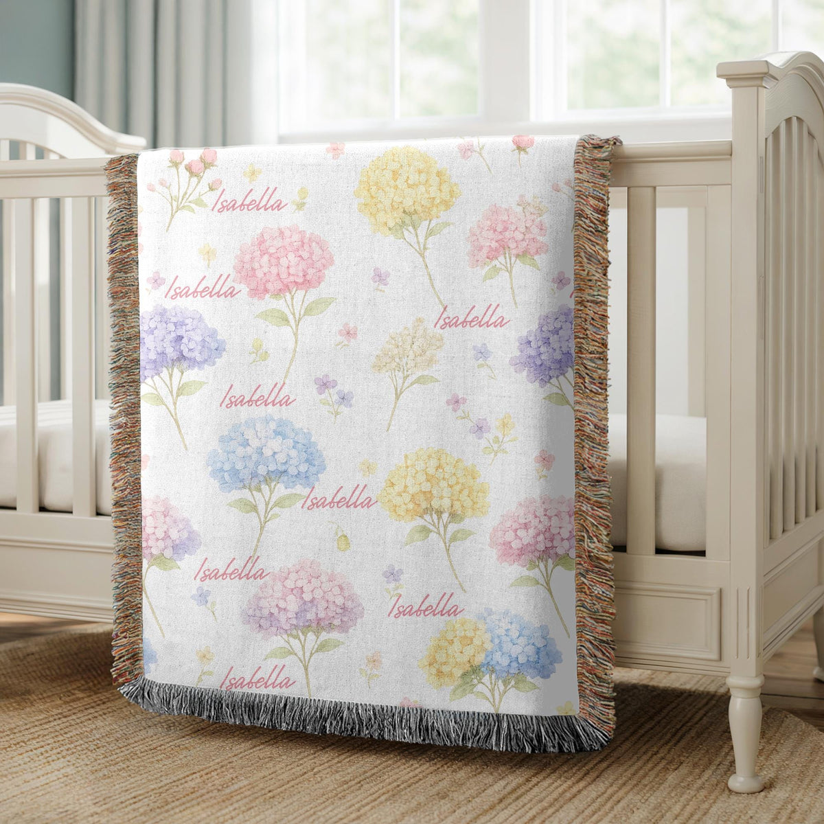 Personalized Hydrangea Floral Woven Blanket Custom Name Baby Blanket Girl Nursery Decor Botanical Throw Baby Shower Gift