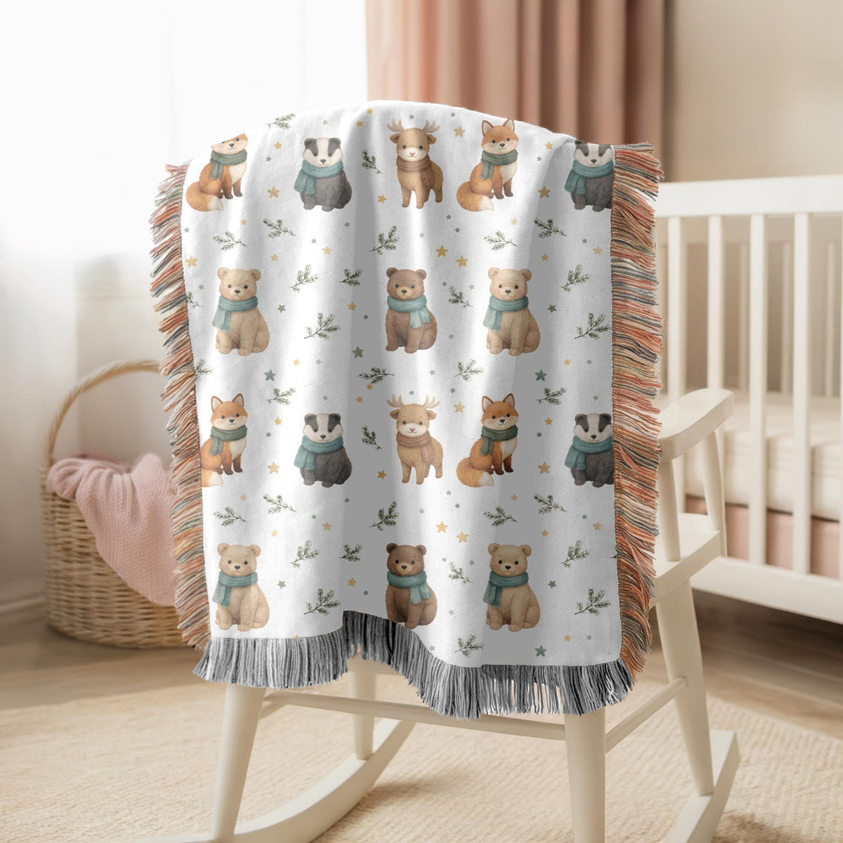 Woodland Animal Nursery Woven Blanket Bear Fox Deer Baby Blanket Forest Animal Throw Baby Shower Gift Kids Room Decor