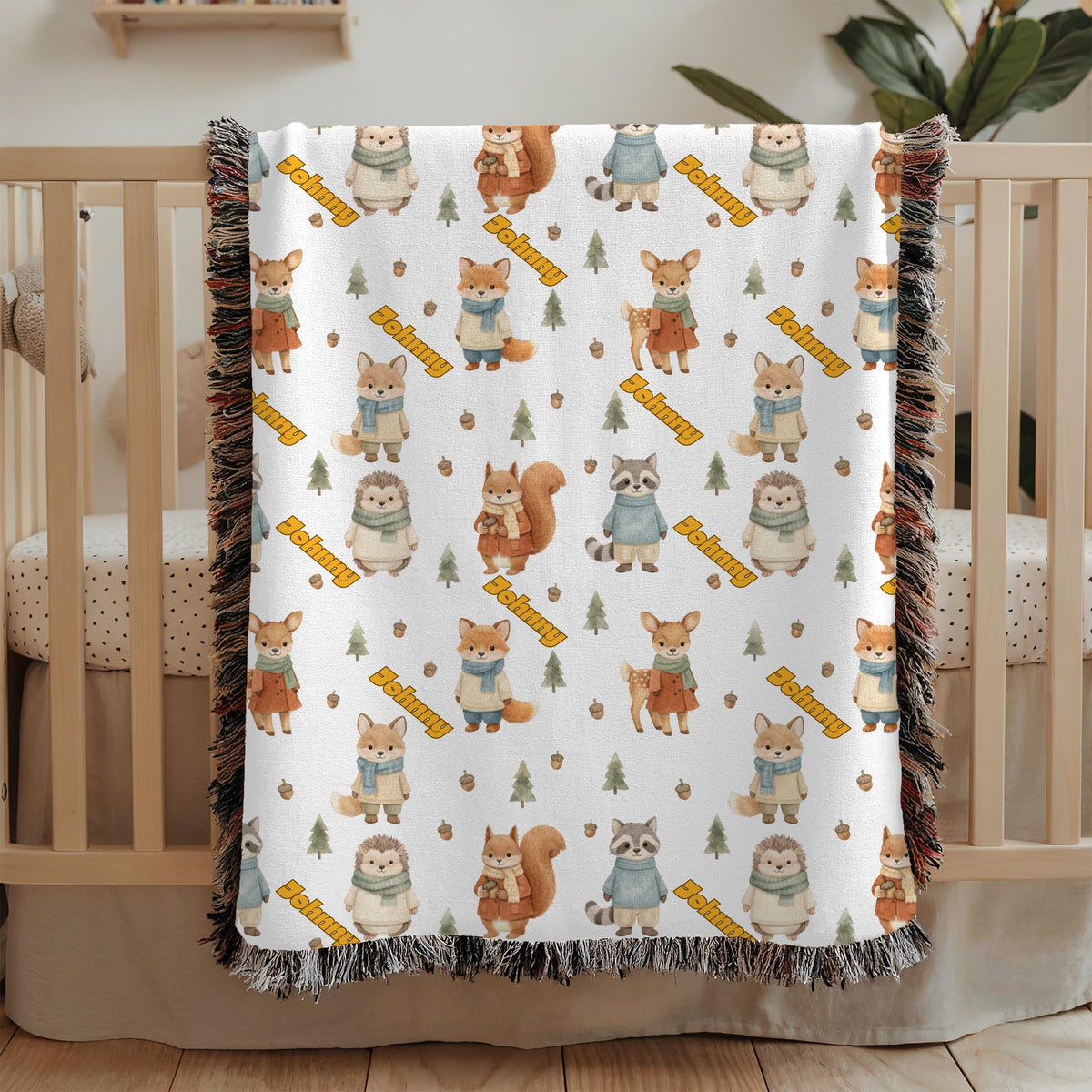 Personalized Woodland Animal Woven Blanket Custom Name Baby Blanket Forest Nursery Decor Fox Deer Bear Baby Shower Gift