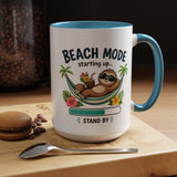 Beach Mode Sloth Coffee Mug, Funny Summer Vacation Gift for Sloth Lovers, Cute Tropical Hammock Ceramic Tea Cup with Blue Handle