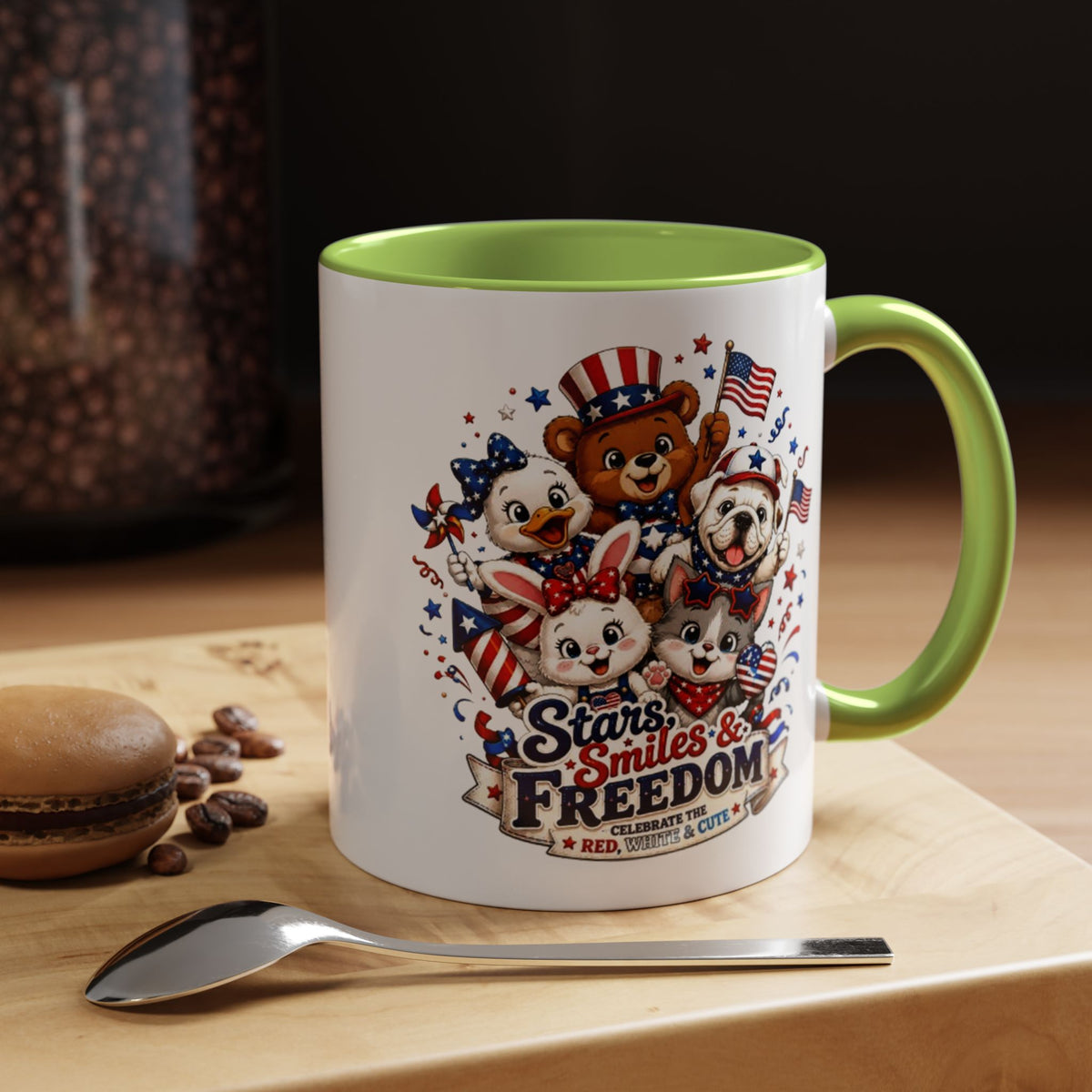 Cute Patriotic Animal Coffee Mug, Fourth of July Mug for Kids and Families, Stars Smiles and Freedom Cup, Independence Day Gift