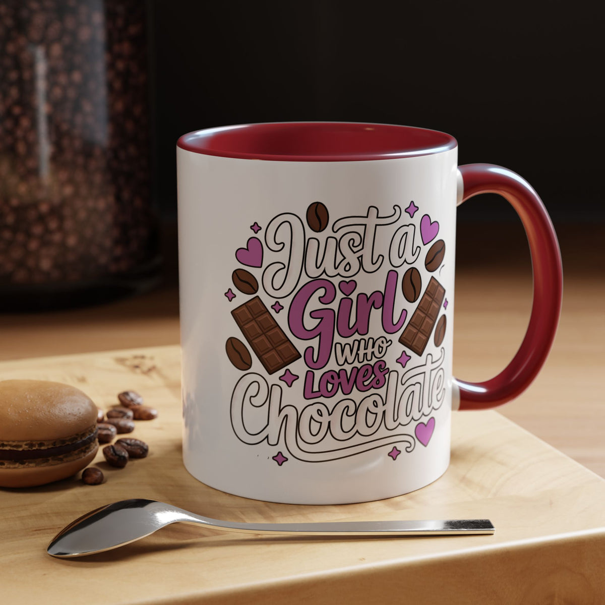 Chocolate Lover Coffee Mug, Just a Girl Who Loves Chocolate Quote, Purple Hearts and Cocoa Design, Sweet Birthday Gift for a Best Friend