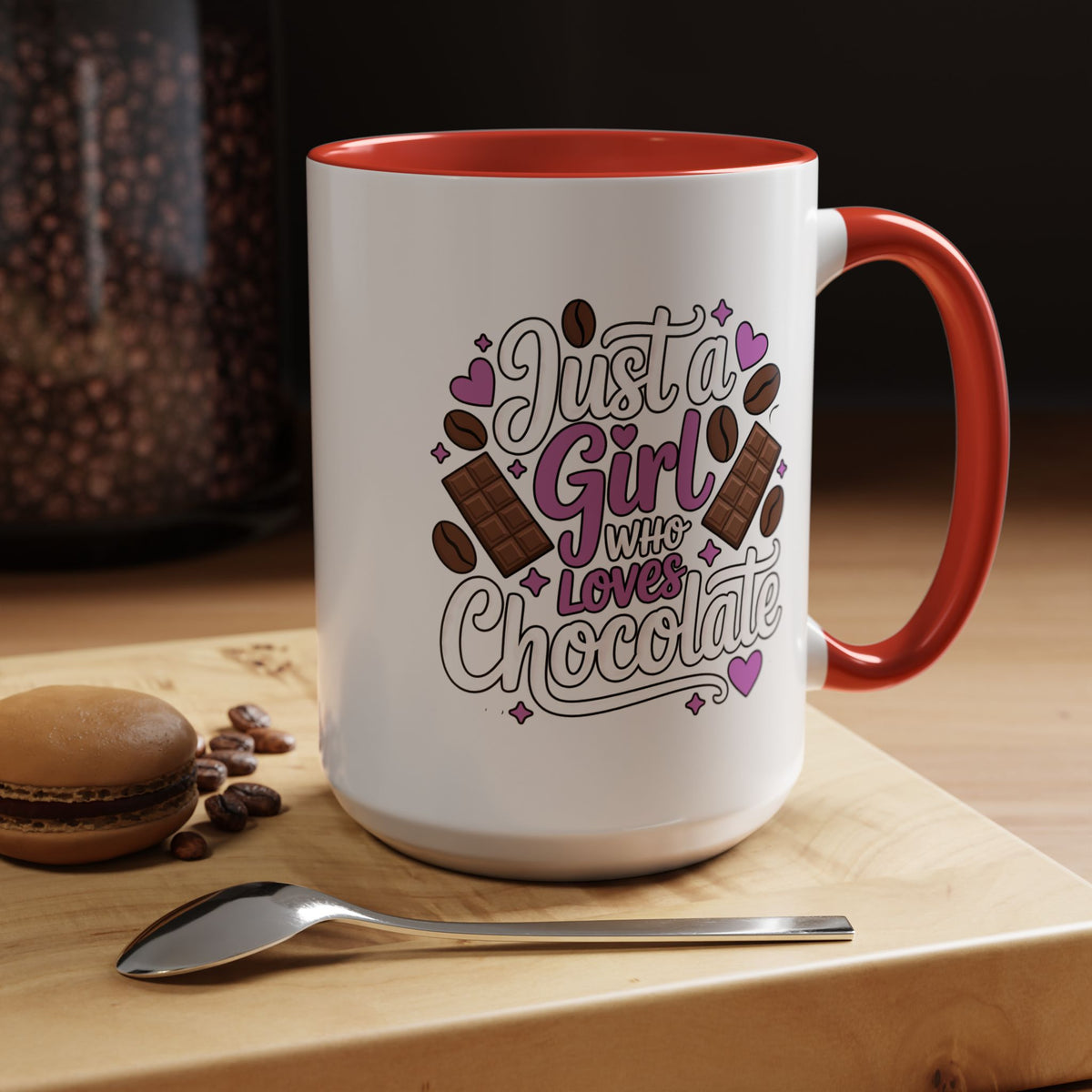 Chocolate Lover Coffee Mug, Just a Girl Who Loves Chocolate Quote, Purple Hearts and Cocoa Design, Sweet Birthday Gift for a Best Friend