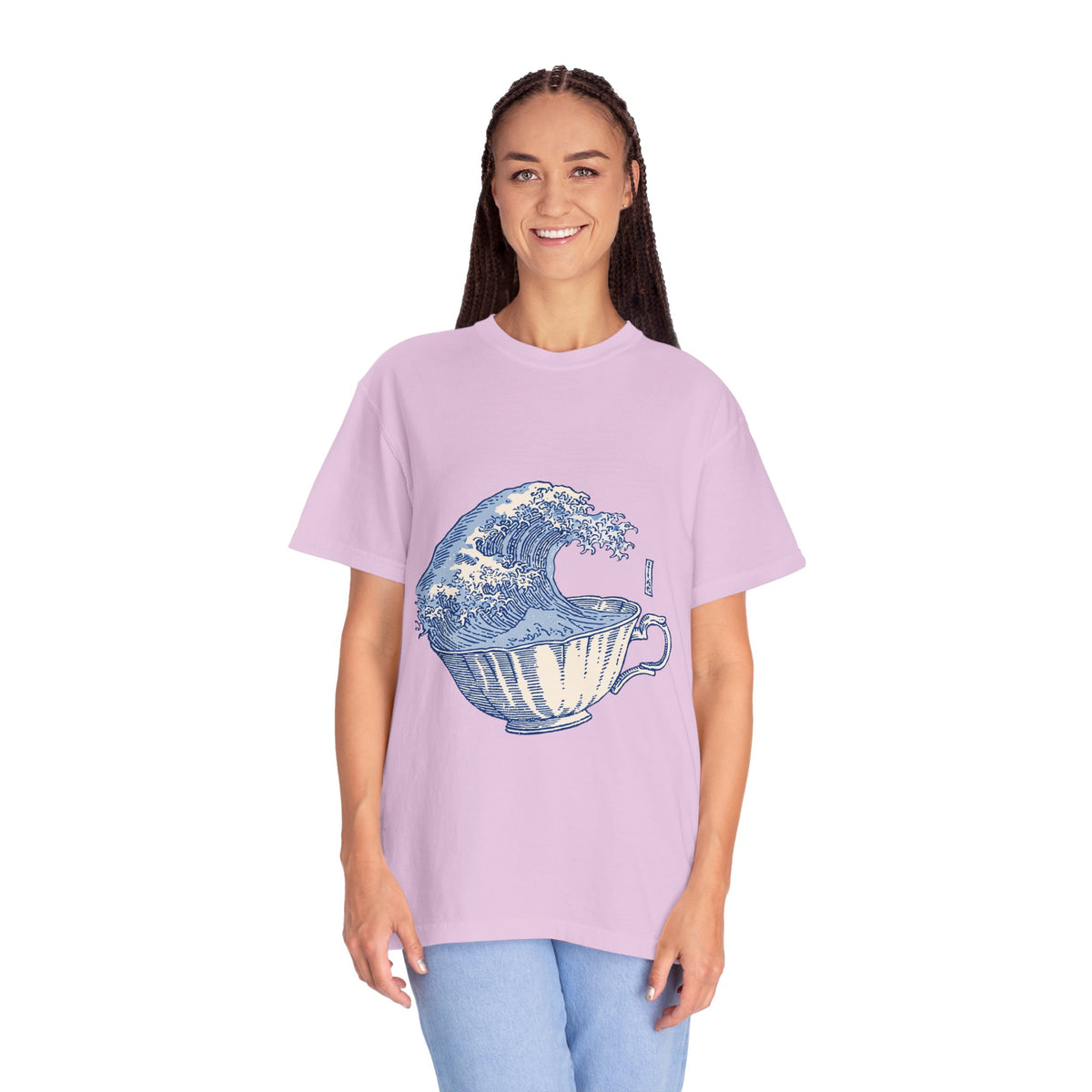 Great Wave Teacup Shirt, Japanese Art Inspired Ocean Graphic, Gift for Tea Lovers and Coastal Art Fans, Casual Cafe Weekend Outfit