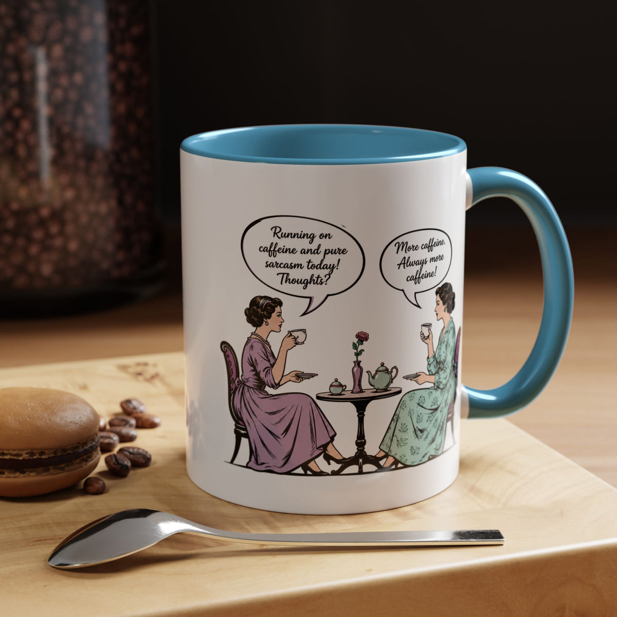 Funny Coffee Lovers Mug, Running on Caffeine and Pure Sarcasm Mug, Vintage Tea Party Coffee Cup, Best Friend Coffee Gift