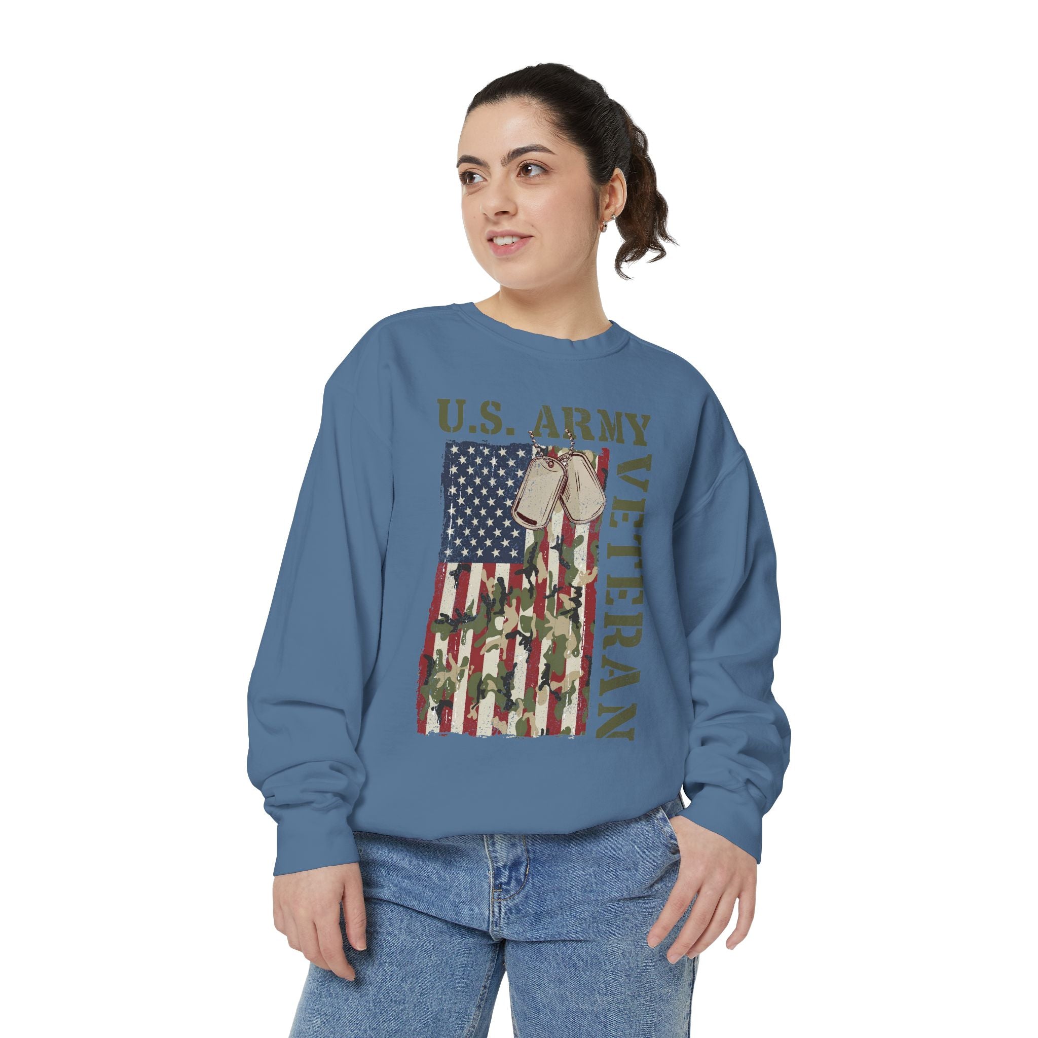 US Army Veteran Sweatshirt, American Flag Camo Crewneck, Military Dog Tag Pullover, Patriotic Soldier Gift, Retirement or Veterans Day Top