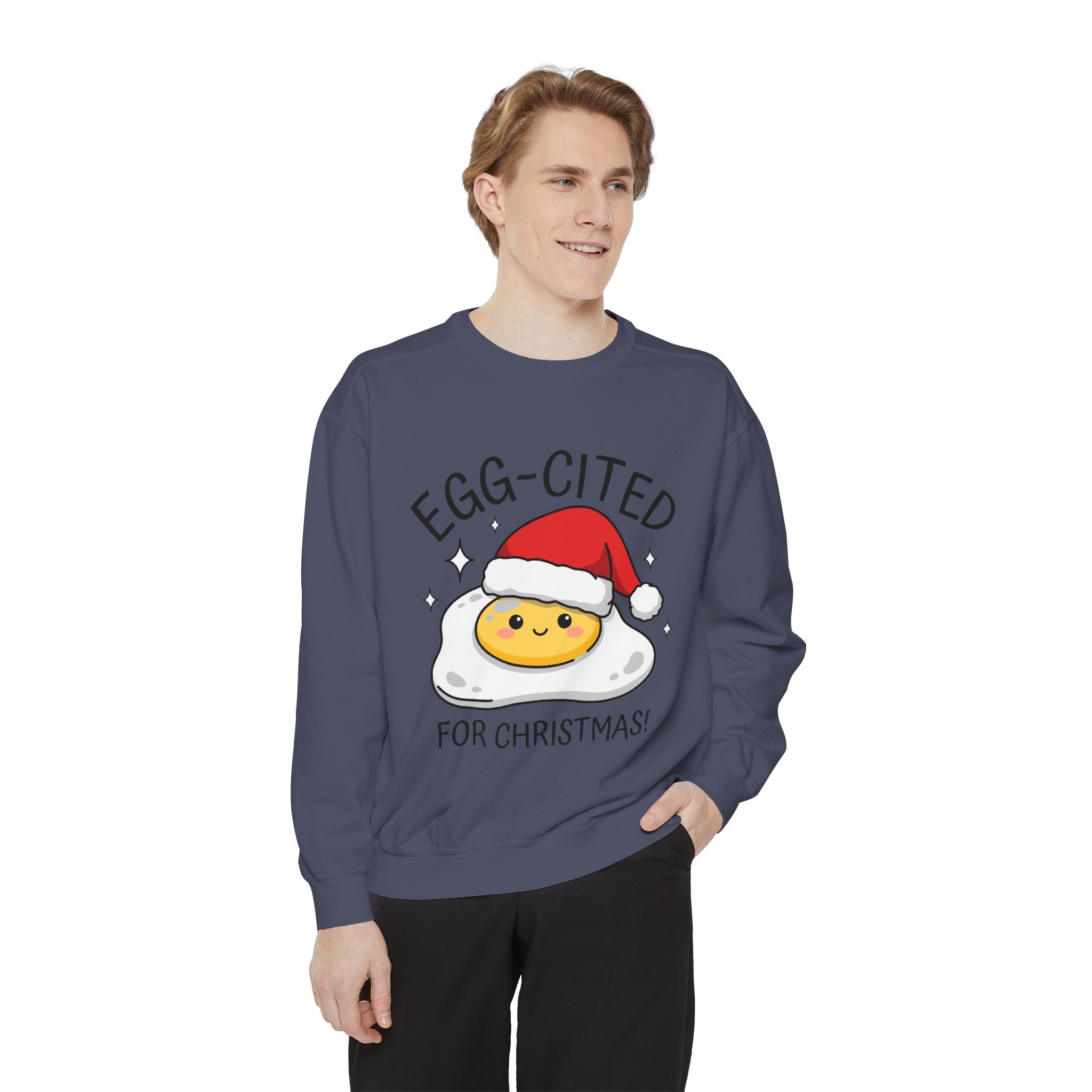 Egg-Cited for Christmas Sweatshirt, Funny Fried Egg Crewneck, Cute Food Pun Holiday Pullover, Christmas Breakfast Gift for Brunch Lover