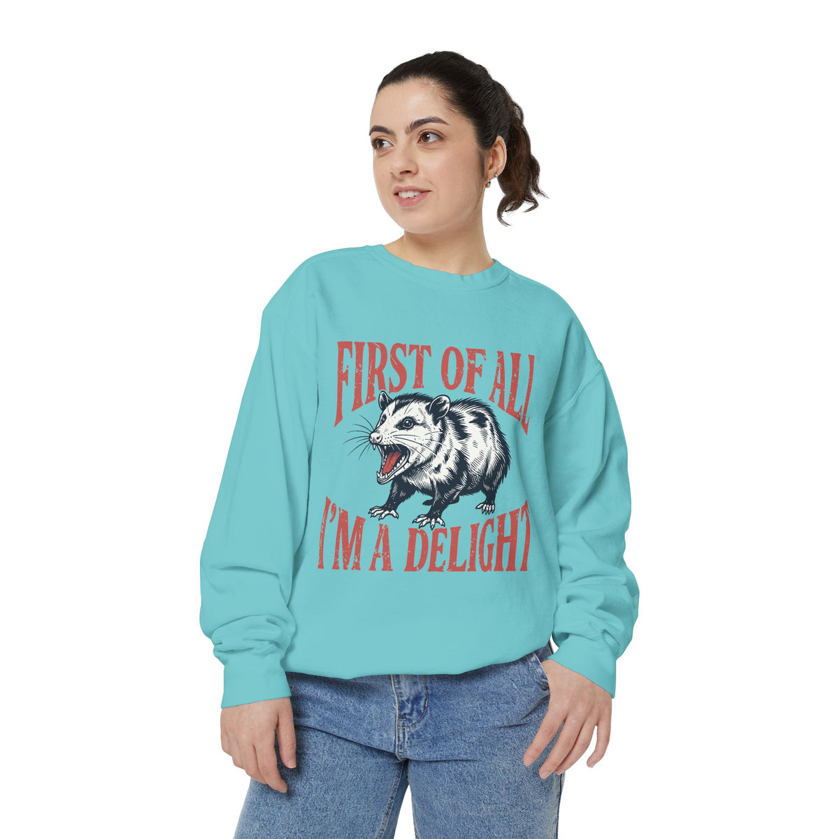 Funny Possum Sweatshirt, First of All I'm a Delight Crewneck, Sarcastic Animal Lover Gift, Vintage Opossum Graphic Cozy Pullover Top