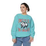 Funny Possum Sweatshirt, First of All I'm a Delight Crewneck, Sarcastic Animal Lover Gift, Vintage Opossum Graphic Cozy Pullover Top
