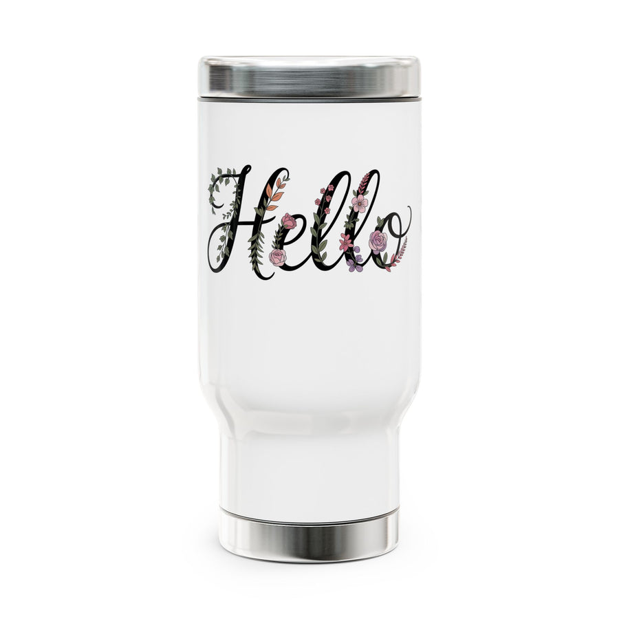 A white stainless steel travel mug with a screw-on lid, printed with the word "Hello" in black script decorated with pink, purple and orange flowers, on a desk.
