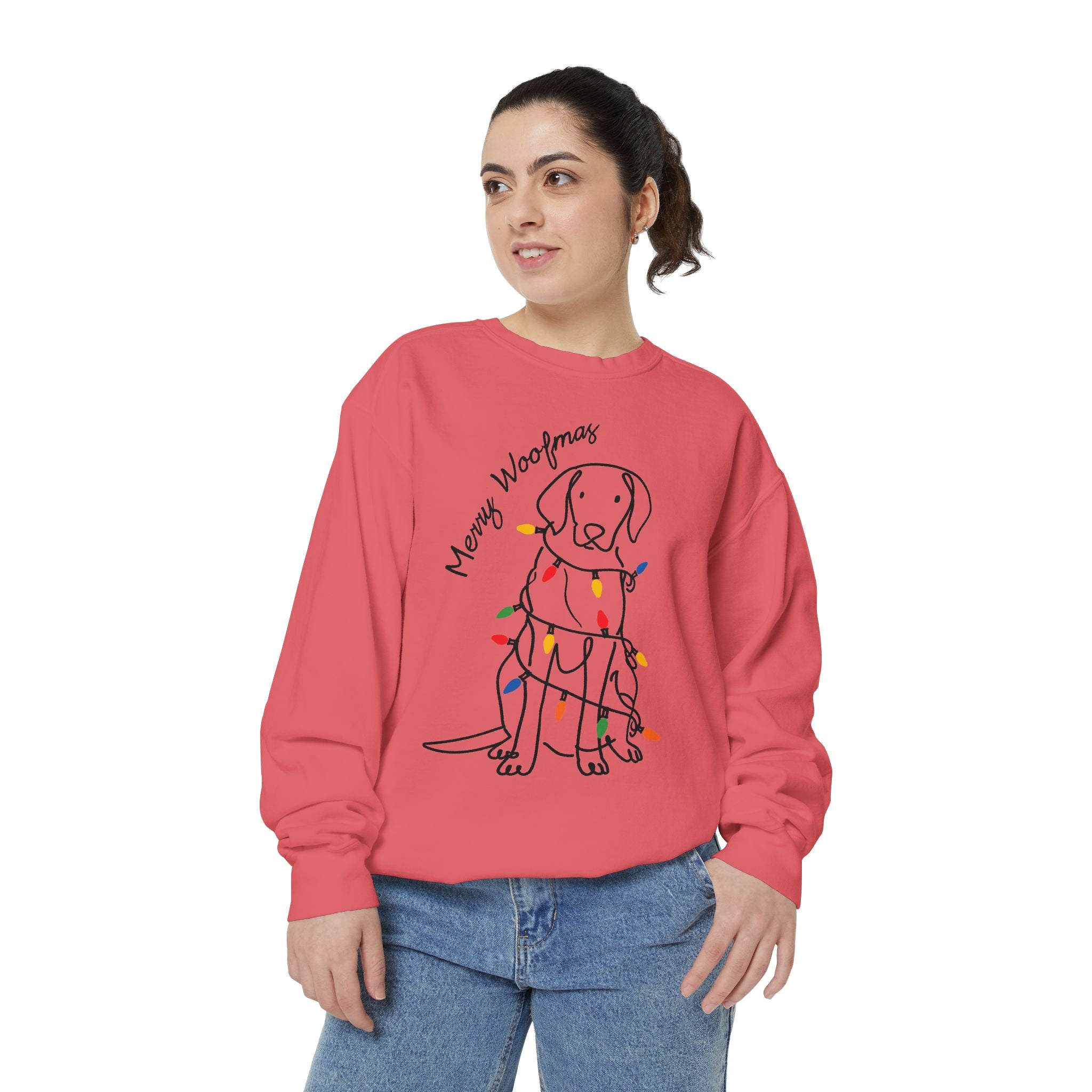 Merry Woofmas Dog Sweatshirt, Funny Christmas Puppy Crewneck, Holiday Lights Pet Lover Pullover, Cute Christmas Gift for Dog Mom or Dog Dad