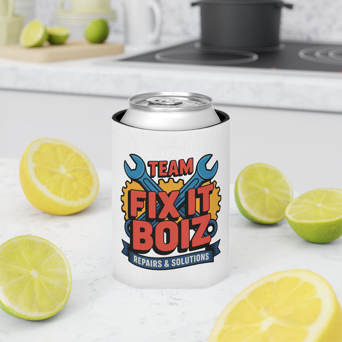 Mechanic Can Cooler, Team Fix It Boiz Wrench and Gear Design, Workshop Drink Holder, Handyman Gift for Dad or a Repair Crew Birthday