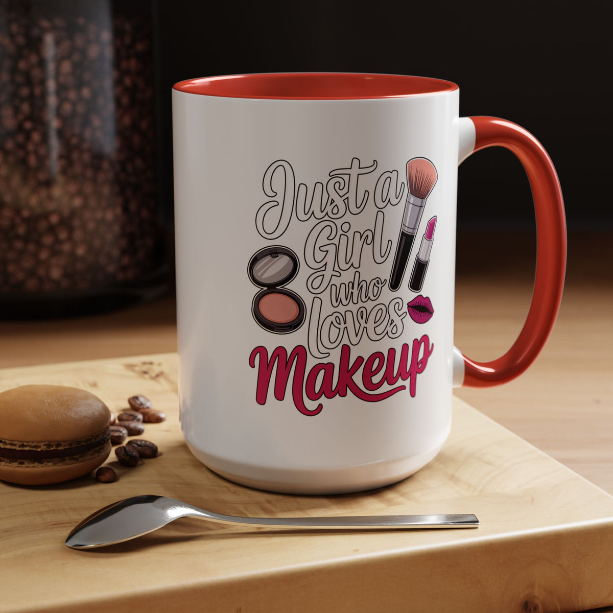Makeup Lover Coffee Mug, Just a Girl Who Loves Makeup Quote, Lipstick and Brush Design, Birthday Gift for Beauty Enthusiast or Makeup Artist