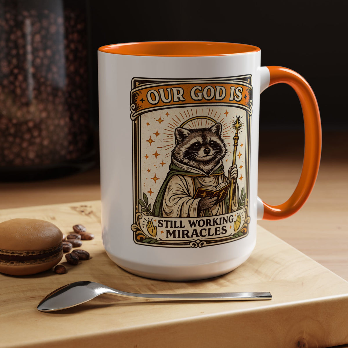 Our God Is Still Working Miracles Coffee Mug, Funny Raccoon Christian Gift for Friends, Cute Religious Parody Trash Panda Ceramic Tea Cup with Black Handle