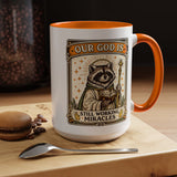 Our God Is Still Working Miracles Coffee Mug, Funny Raccoon Christian Gift for Friends, Cute Religious Parody Trash Panda Ceramic Tea Cup with Black Handle