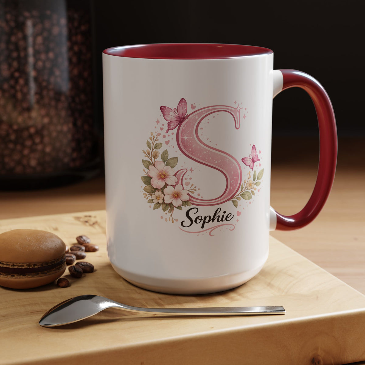 Personalized Butterfly Initial Mug, Custom Name Coffee Mug for Girls and Women, Pink Floral Monogram Cup, Birthday Gift, Custom Letter Mug