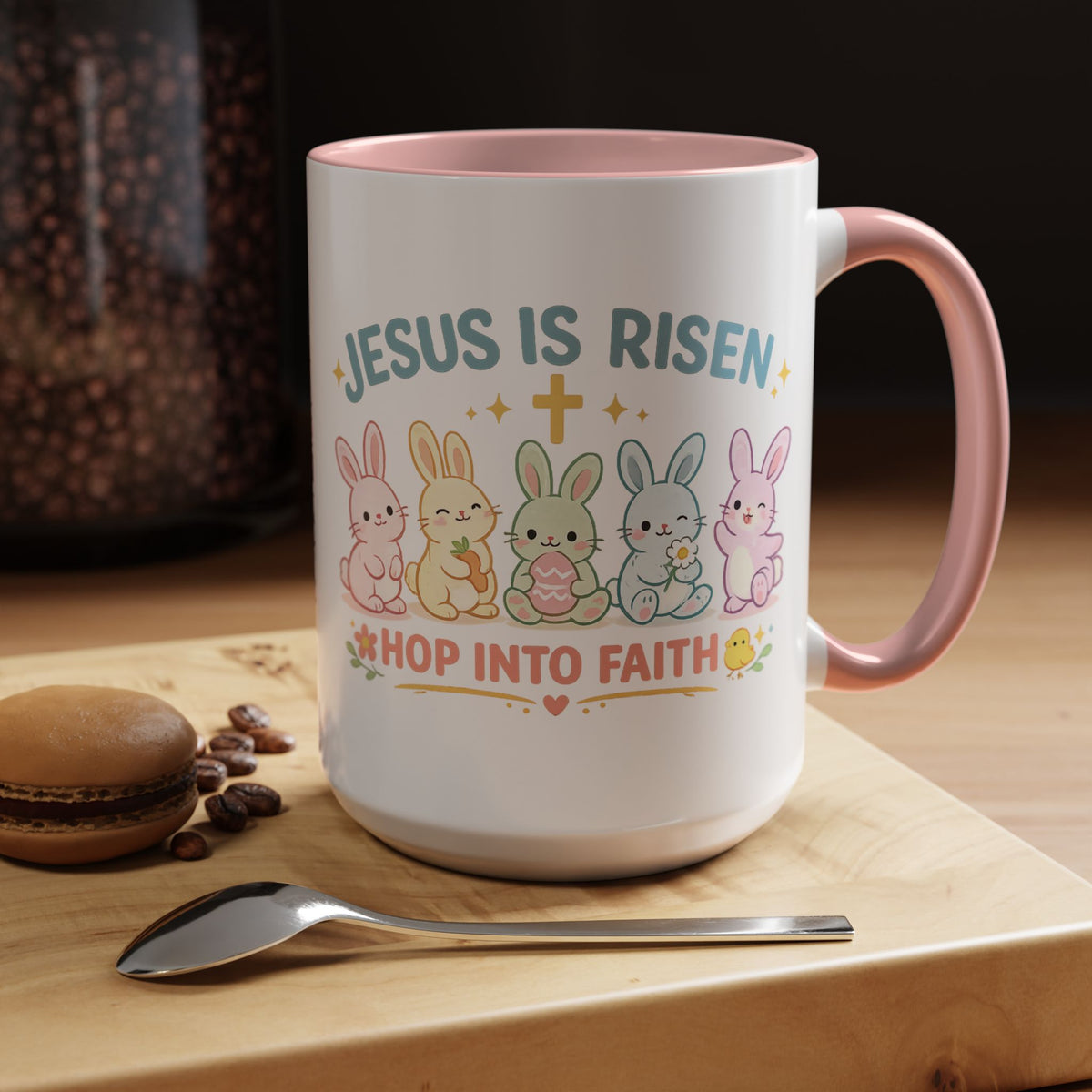 Christian Easter Bunny Mug, Jesus Is Risen Hop Into Faith Coffee Mug, Faith Based Easter Gift, Religious Spring Mug for Women Kids