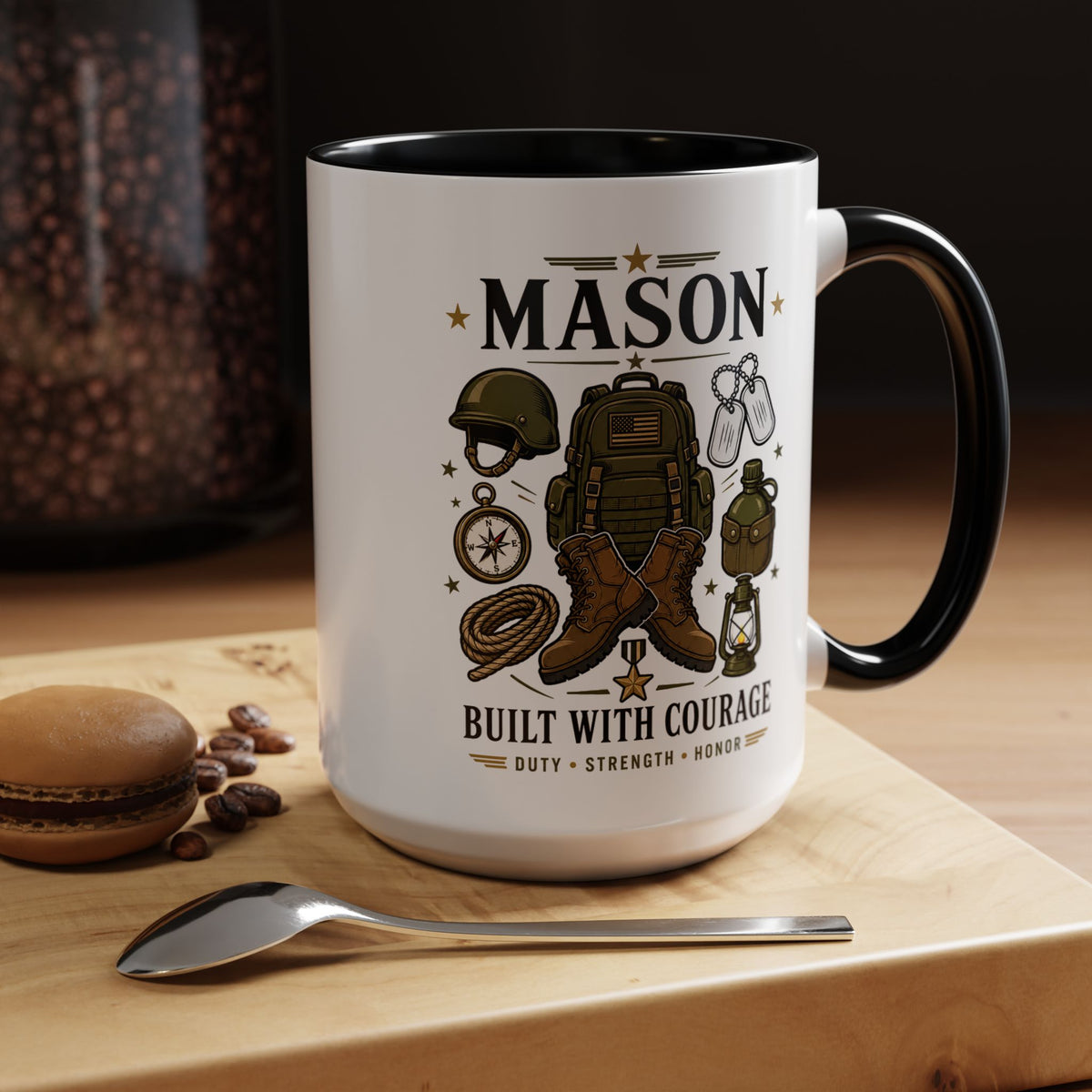 Personalized Army Soldier Mug, Built with Courage Coffee Cup, Custom Name Military Gift for Him, Veteran, Recruit or Service Member