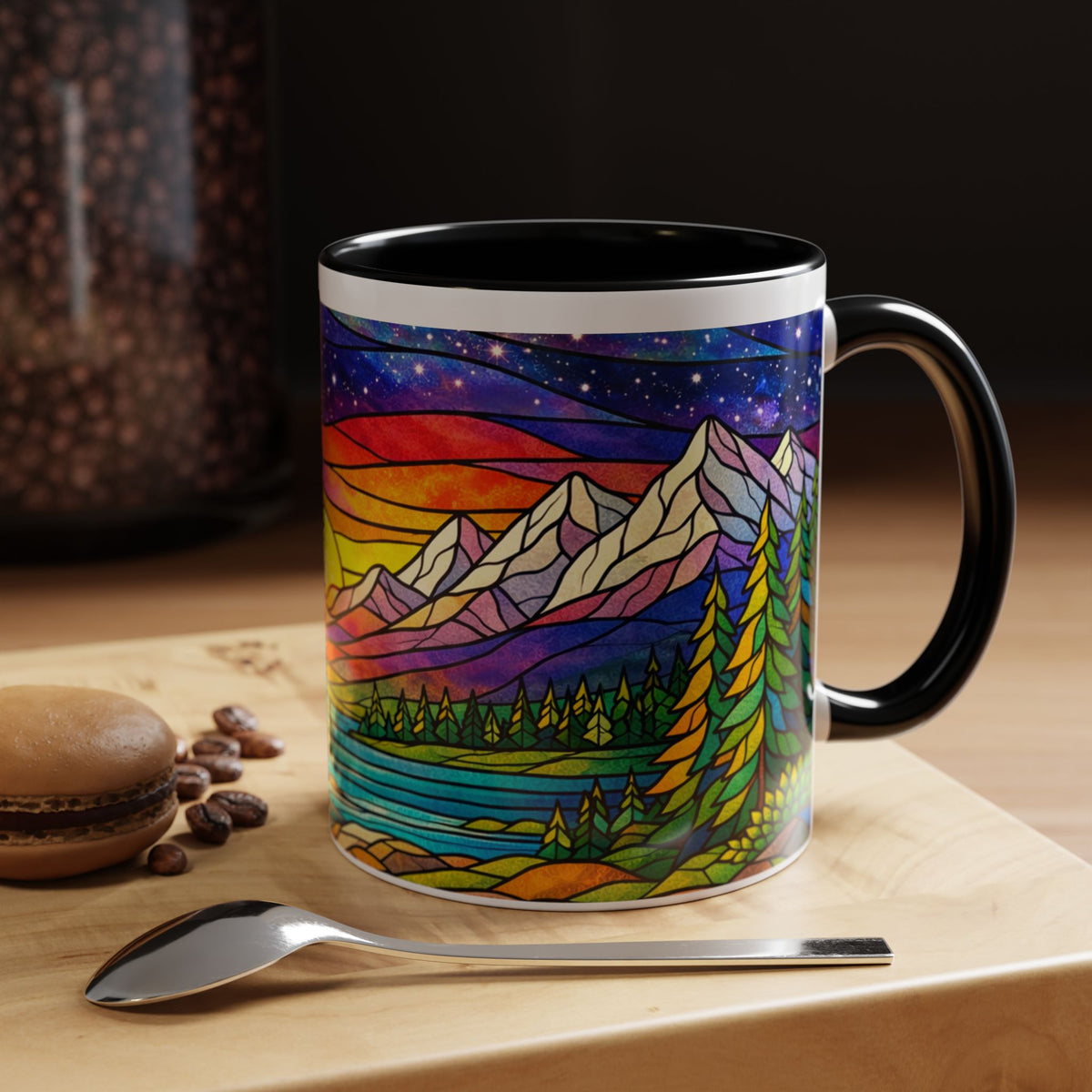 Colorful Sunset Landscape Mug, Stained Glass Nature Coffee Mug, Mountain Lake Art Mug, Outdoor Lover Gift, Scenic Ceramic Cup