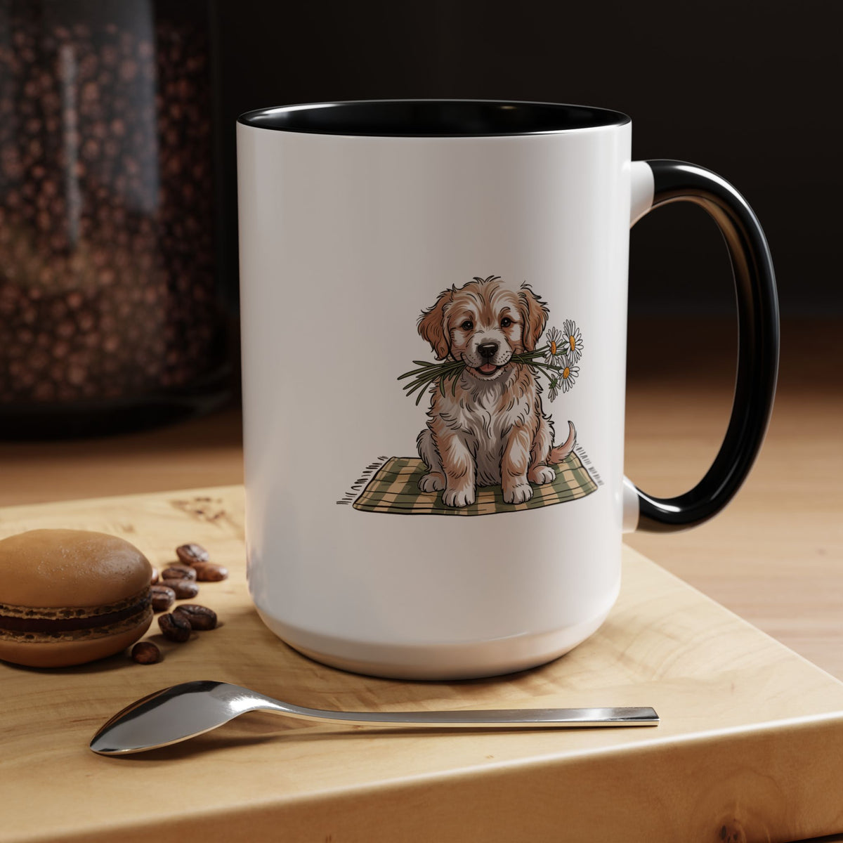 Cute Puppy Coffee Mug, Fluffy Dog Holding Daisies on a Gingham Blanket, Birthday Gift for a Dog Mom or Animal Lover Who Enjoys Cottage Style