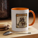 Our God Is Still Working Miracles Coffee Mug, Funny Raccoon Christian Gift for Friends, Cute Religious Parody Trash Panda Ceramic Tea Cup with Black Handle
