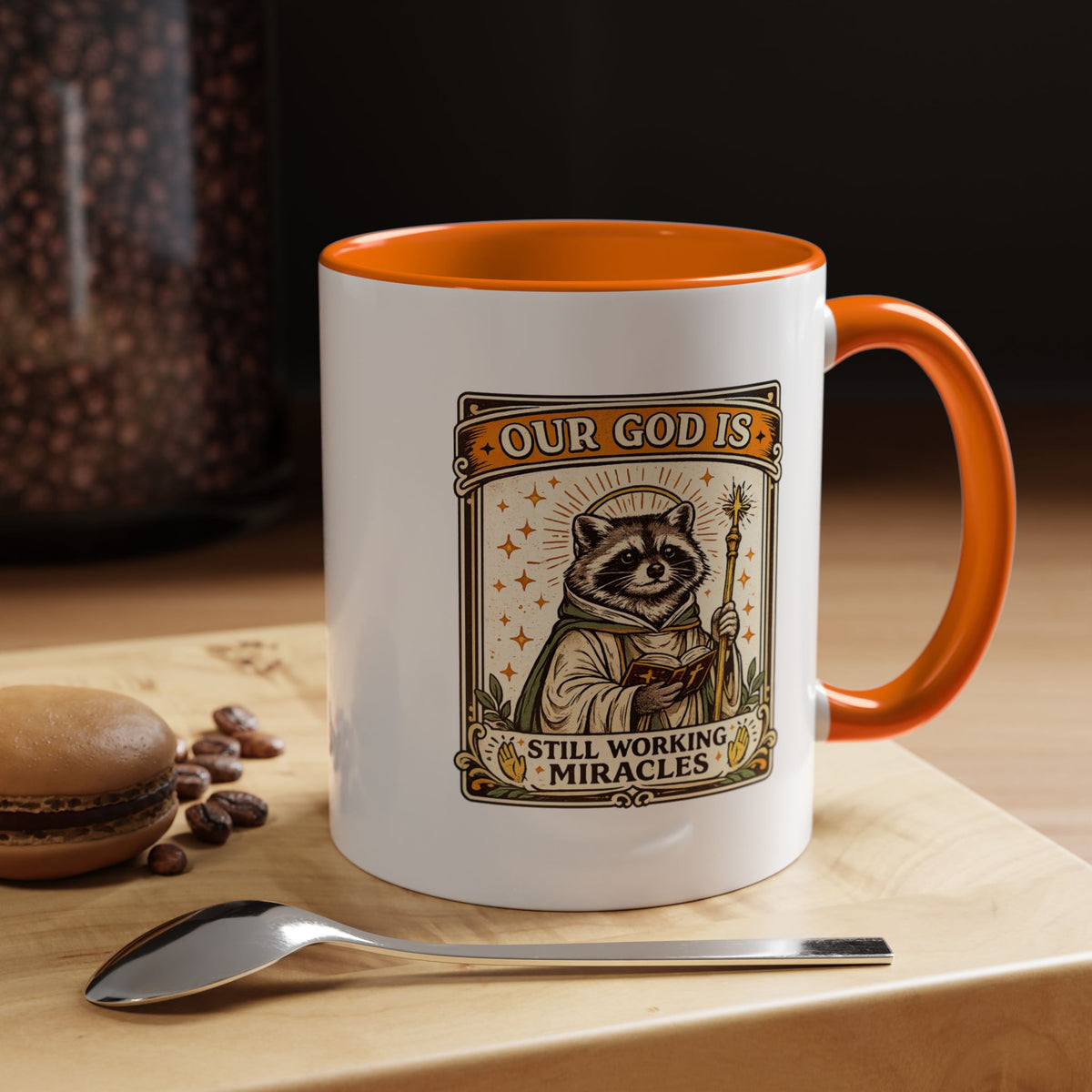 Our God Is Still Working Miracles Coffee Mug, Funny Raccoon Christian Gift for Friends, Cute Religious Parody Trash Panda Ceramic Tea Cup with Black Handle