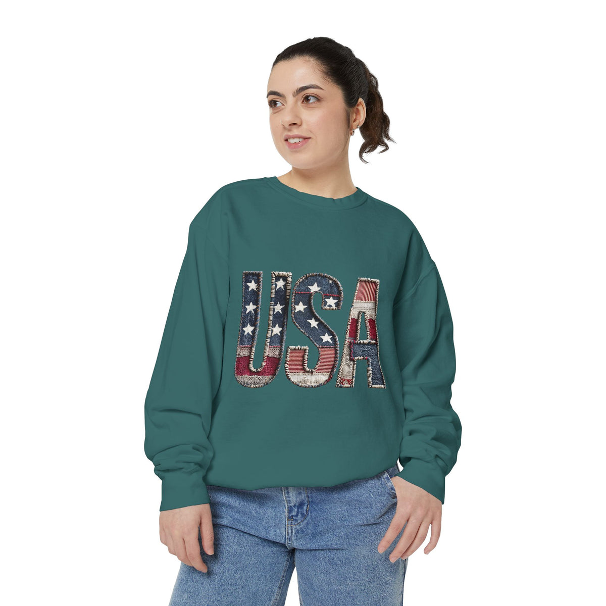 Patriotic USA Patchwork Comfort Sweatshirt, Vintage American Flag Crewneck, Americana Sweatshirt, Fourth of July Gift