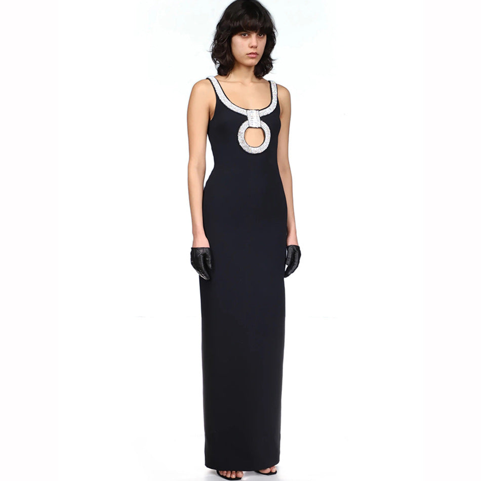 Womens Black Sleeveless Sling Design Diamond Party Club Bandage Dress