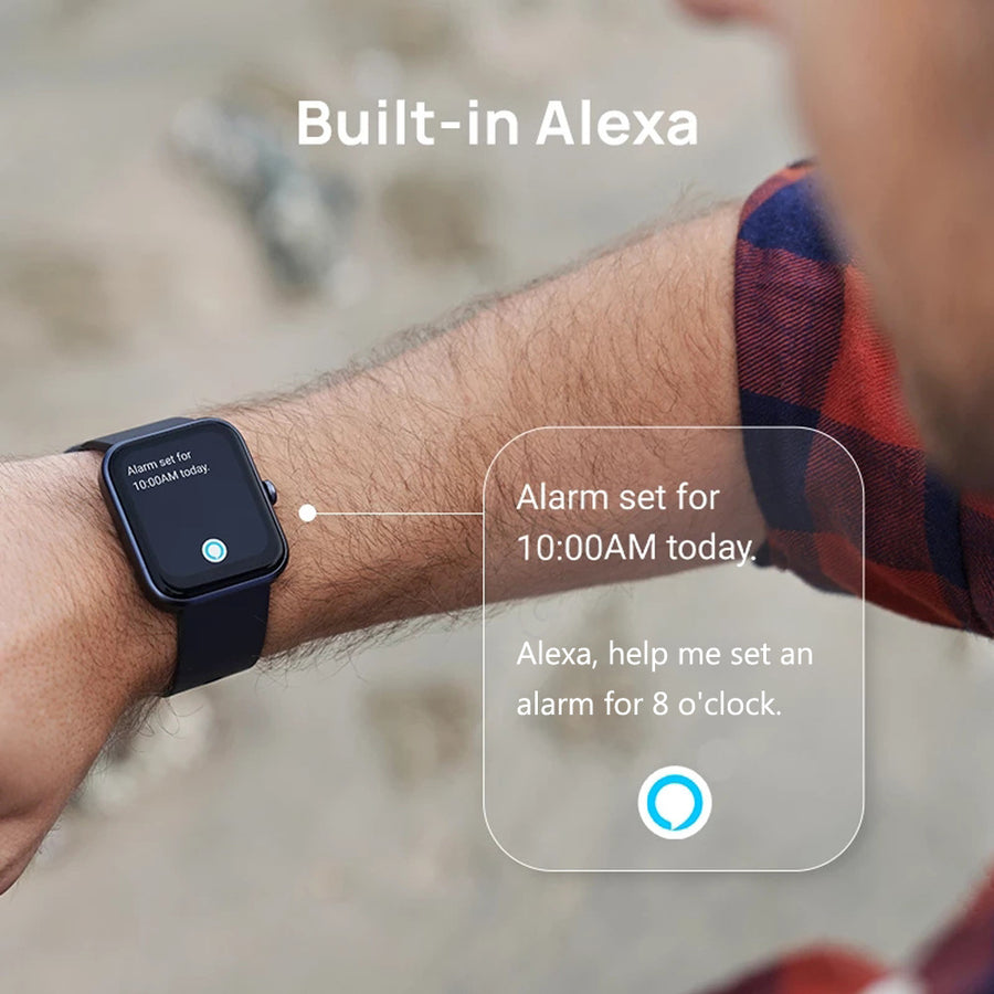 Black square smartwatch touchscreen showing a colorful digital time display