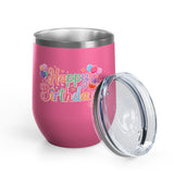 Happy Birthday Wine Tumbler, Pastel Balloons and Cupcake Design, Colorful Drinkware Gift for a Best Friend, Sister or Coworker Celebration