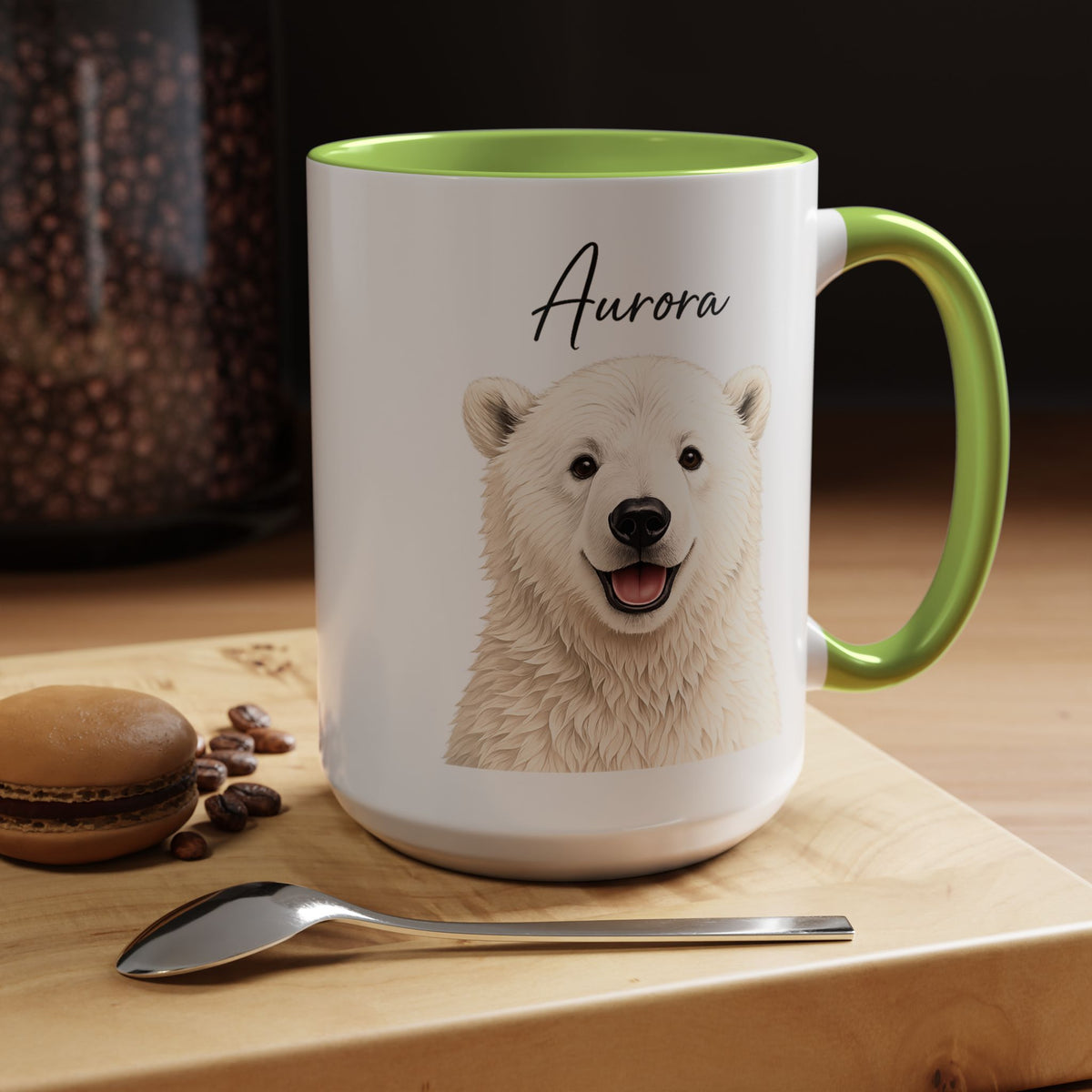 Custom Polar Bear Coffee Mug with Name, Personalized Arctic Animal Gift for Kids, Cute Winter Holiday Ceramic Tea Cup with Orange Handle
