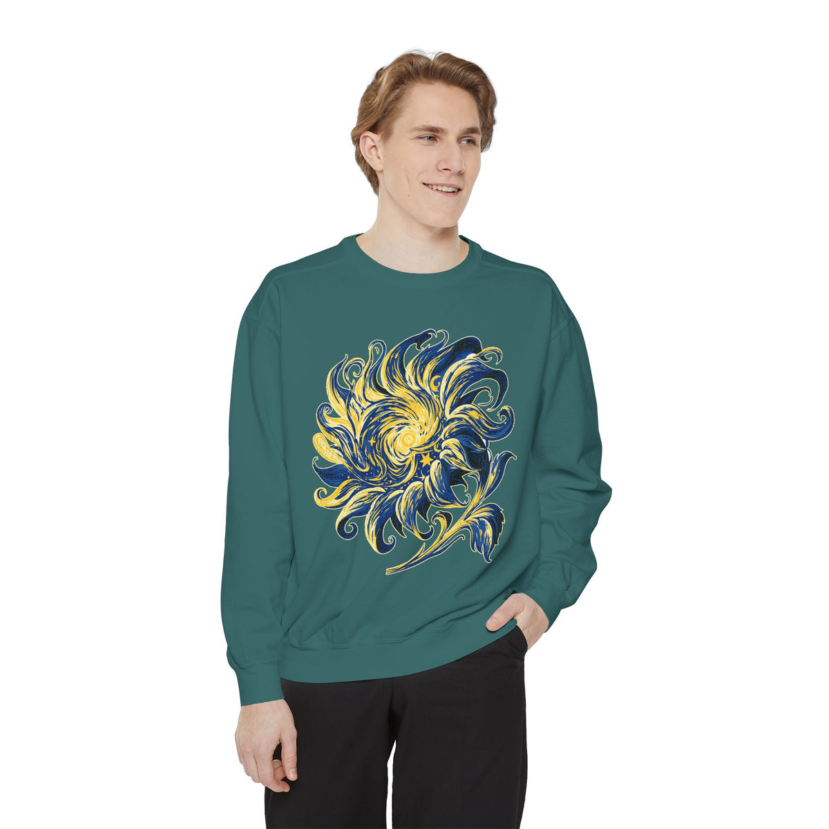 Celestial Sun Graphic Sweatshirt, Blue and Gold Cosmic Pullover, Mystical Night Sky Top, Astrology Gift for Stargazers and Dreamers
