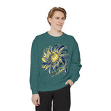 Celestial Sun Graphic Sweatshirt, Blue and Gold Cosmic Pullover, Mystical Night Sky Top, Astrology Gift for Stargazers and Dreamers