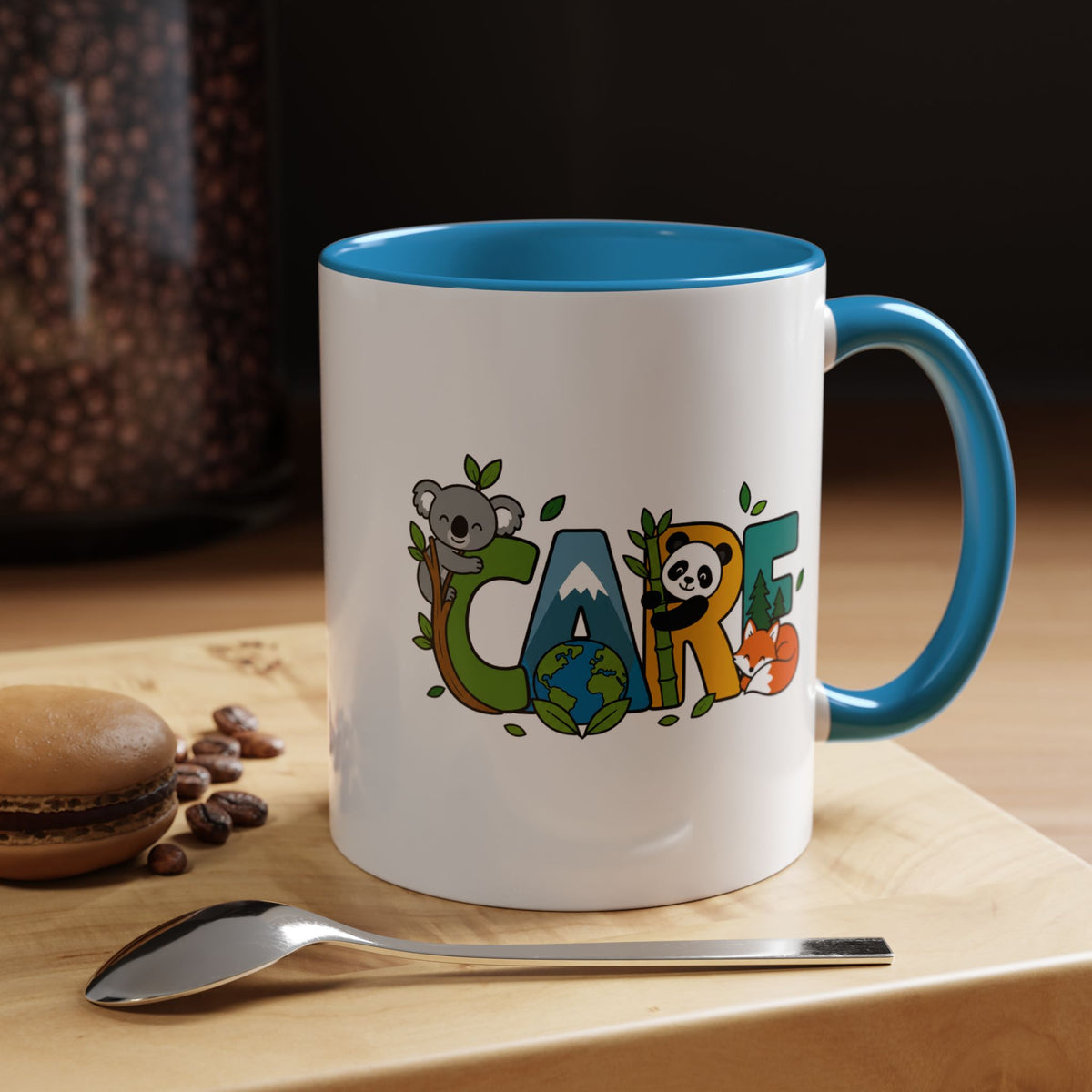 Earth Care Animal Mug, Eco Awareness Coffee Cup, Cute Wildlife Conservation Gift for Nature Lover, Earth Day Gift for Teacher or Mom
