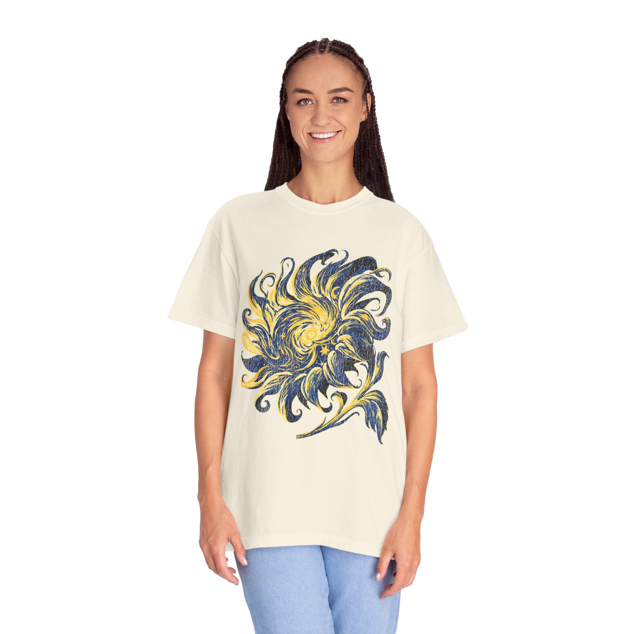 Celestial Sun Graphic Shirt, Blue and Gold Cosmic T-Shirt, Mystical Night Sky Tee, Astrology Gift for Stargazers and Dreamers, Gift Idea