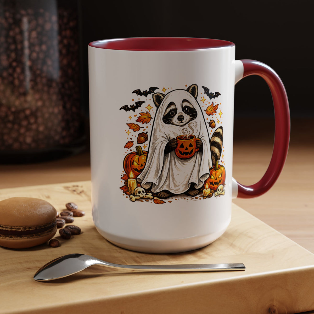 Cute Raccoon Halloween Mug, Ghost Costume Coffee Cup, Spooky Pumpkin Gift for Animal Lover, Fall Birthday or October Office Desk Decor