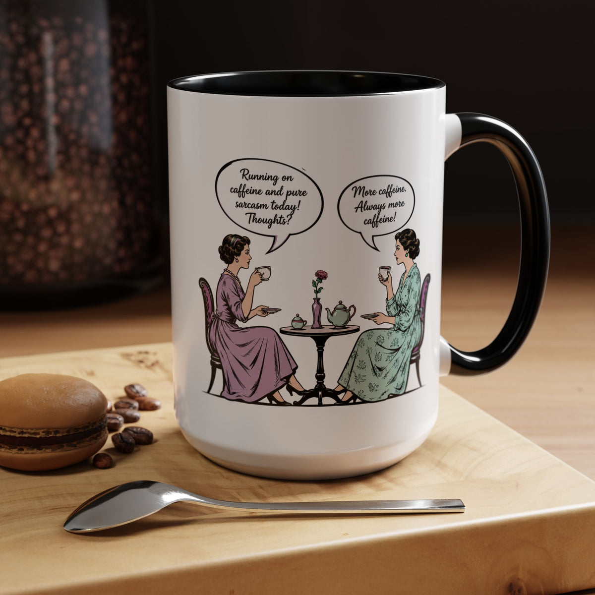 Funny Coffee Lovers Mug, Running on Caffeine and Pure Sarcasm Mug, Vintage Tea Party Coffee Cup, Best Friend Coffee Gift