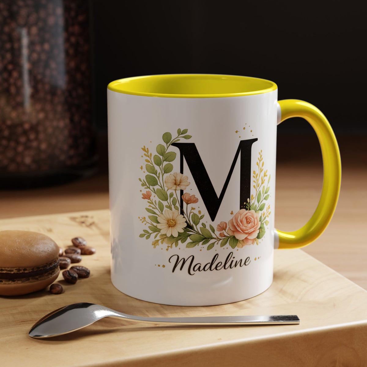 Personalized Floral Monogram Mug, Custom Initial Coffee Mug with Name, Elegant Botanical Gift for Women, Bridesmaid Birthday Gift