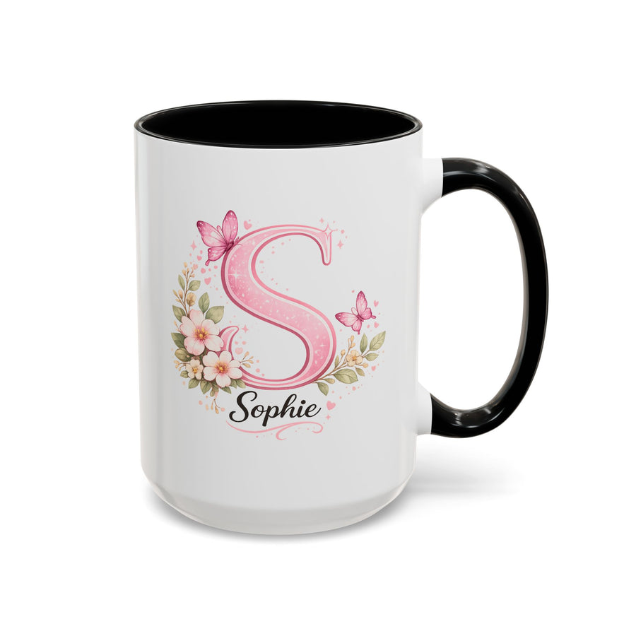 Personalized Butterfly Initial Mug, Custom Name Coffee Mug for Girls and Women, Pink Floral Monogram Cup, Birthday Gift, Custom Letter Mug