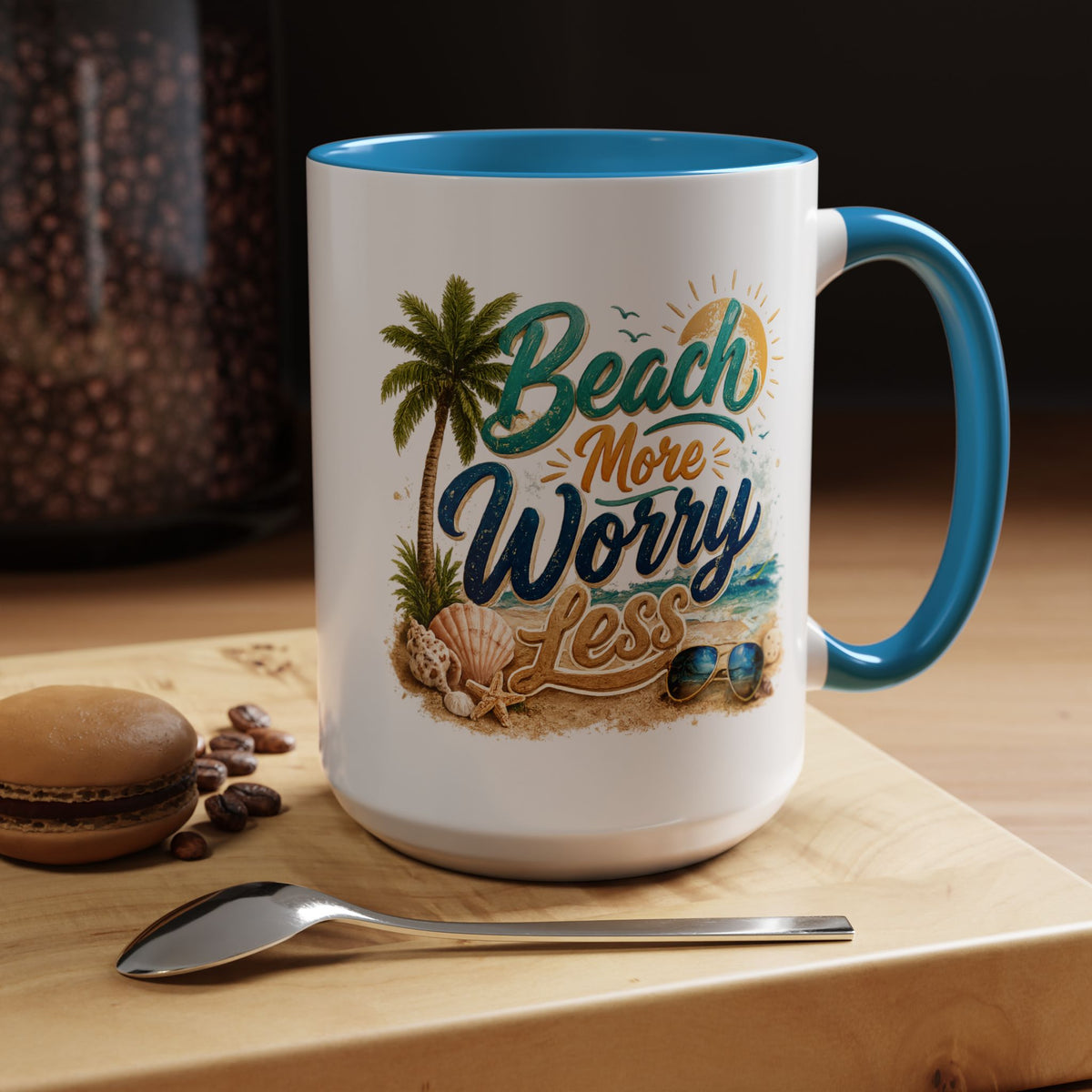 Beach More Worry Less Coffee Mug, Summer Vacation Gift for Ocean Lovers, Cute Tropical Palm Tree Ceramic Tea Cup with Dark Blue Handle