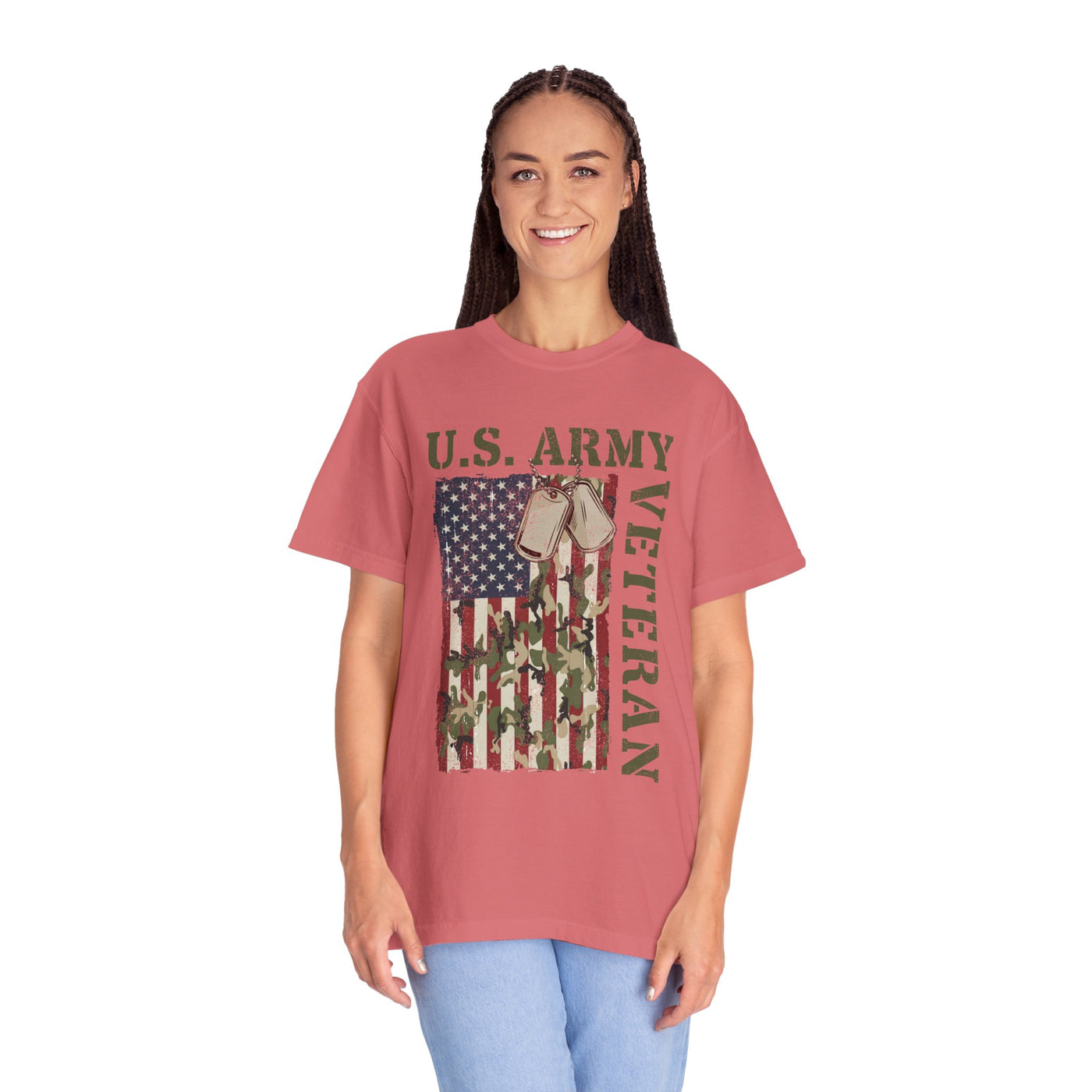 US Army Veteran Shirt, American Flag Camo T-Shirt, Military Dog Tag Tee, Patriotic Gift for Soldier, Retirement or Veterans Day Top