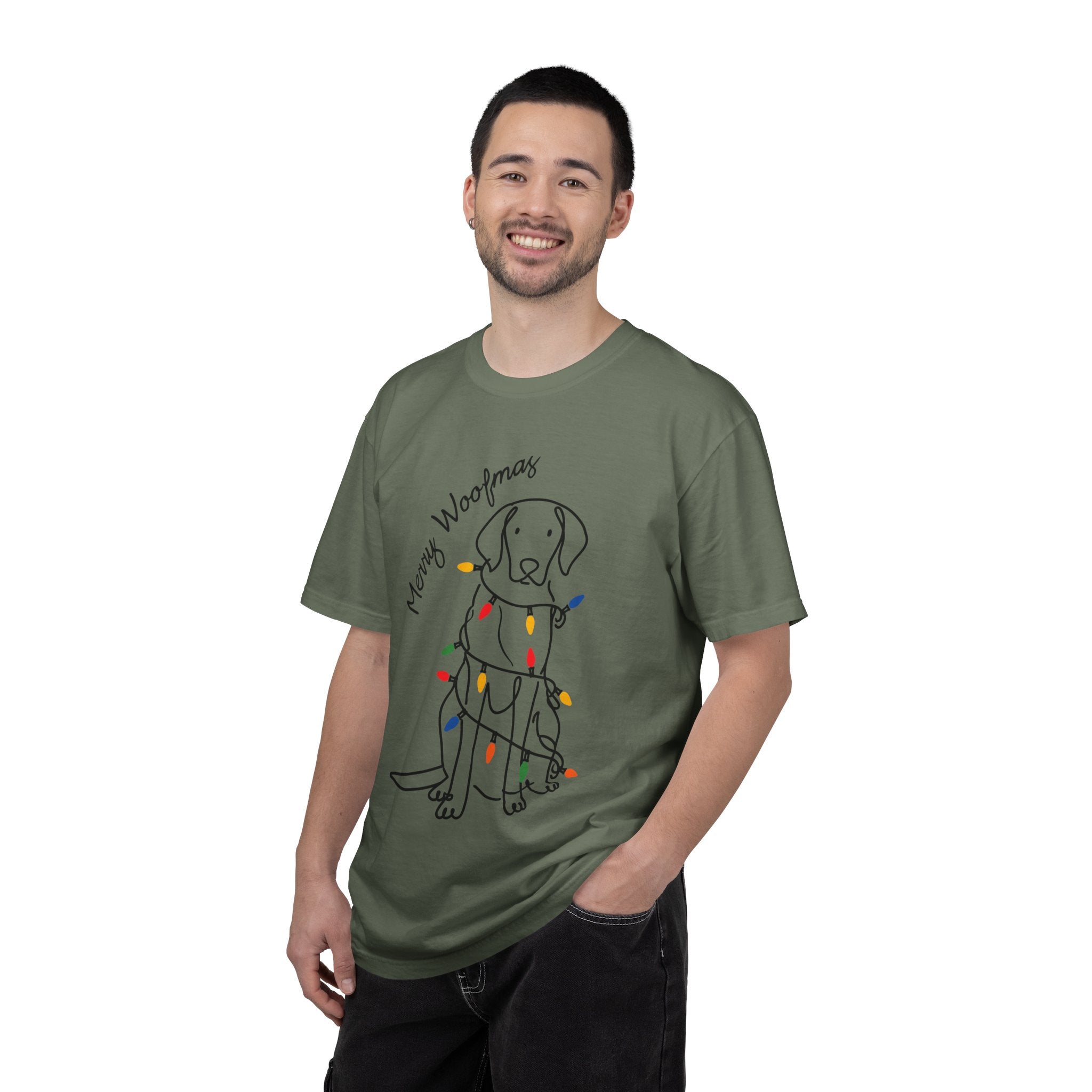 Merry Woofmas Dog Shirt, Funny Christmas Puppy T-Shirt, Holiday Lights Pet Lover Tee, Cute Gift for Dog Mom, Dog Dad or Family Party